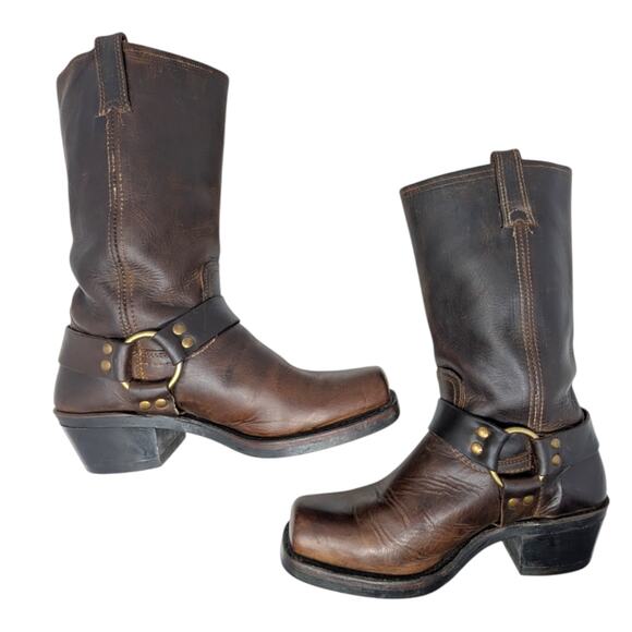 FRYE 12R Harness Square Toe Leather Dark Brown Boots Size 8.5 - Picture 5 of 7